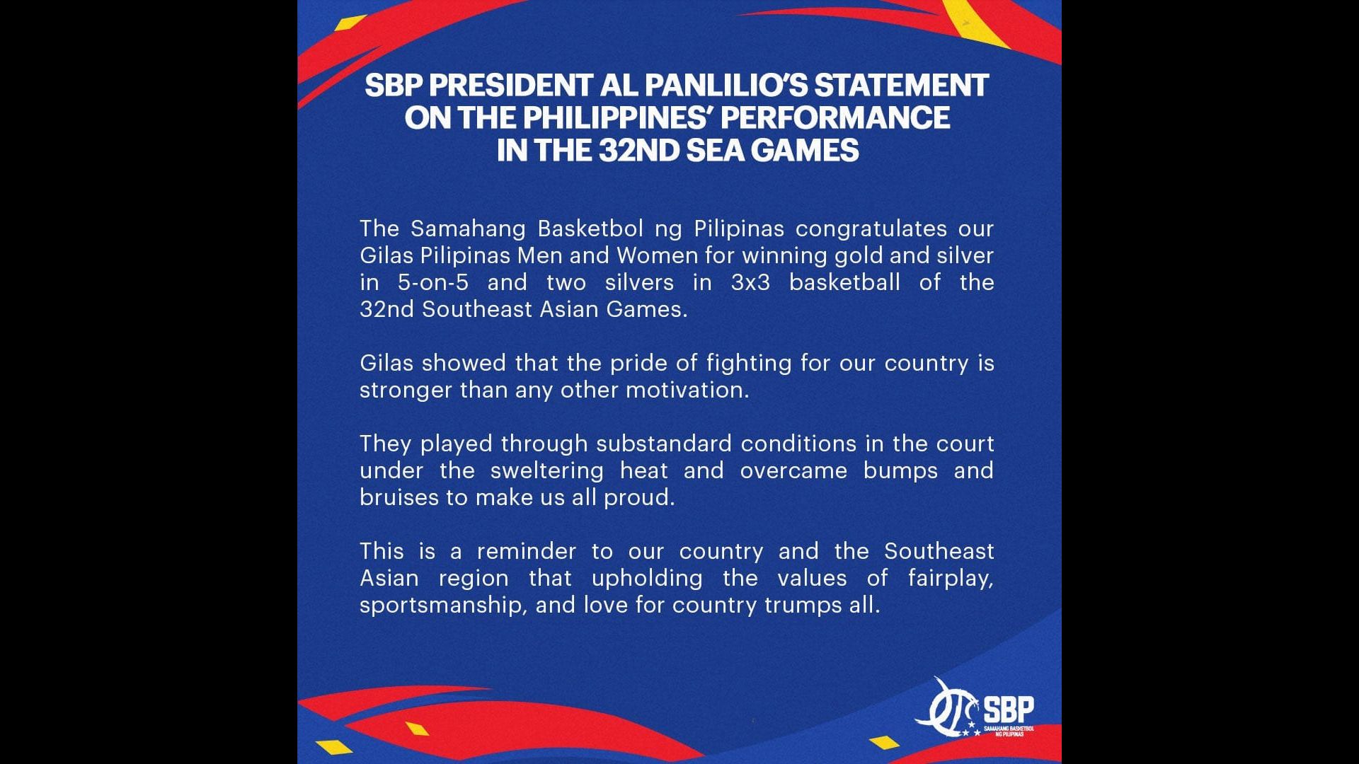 SBP binati ang PH Basketball Team sa tagumpay sa SEA Games