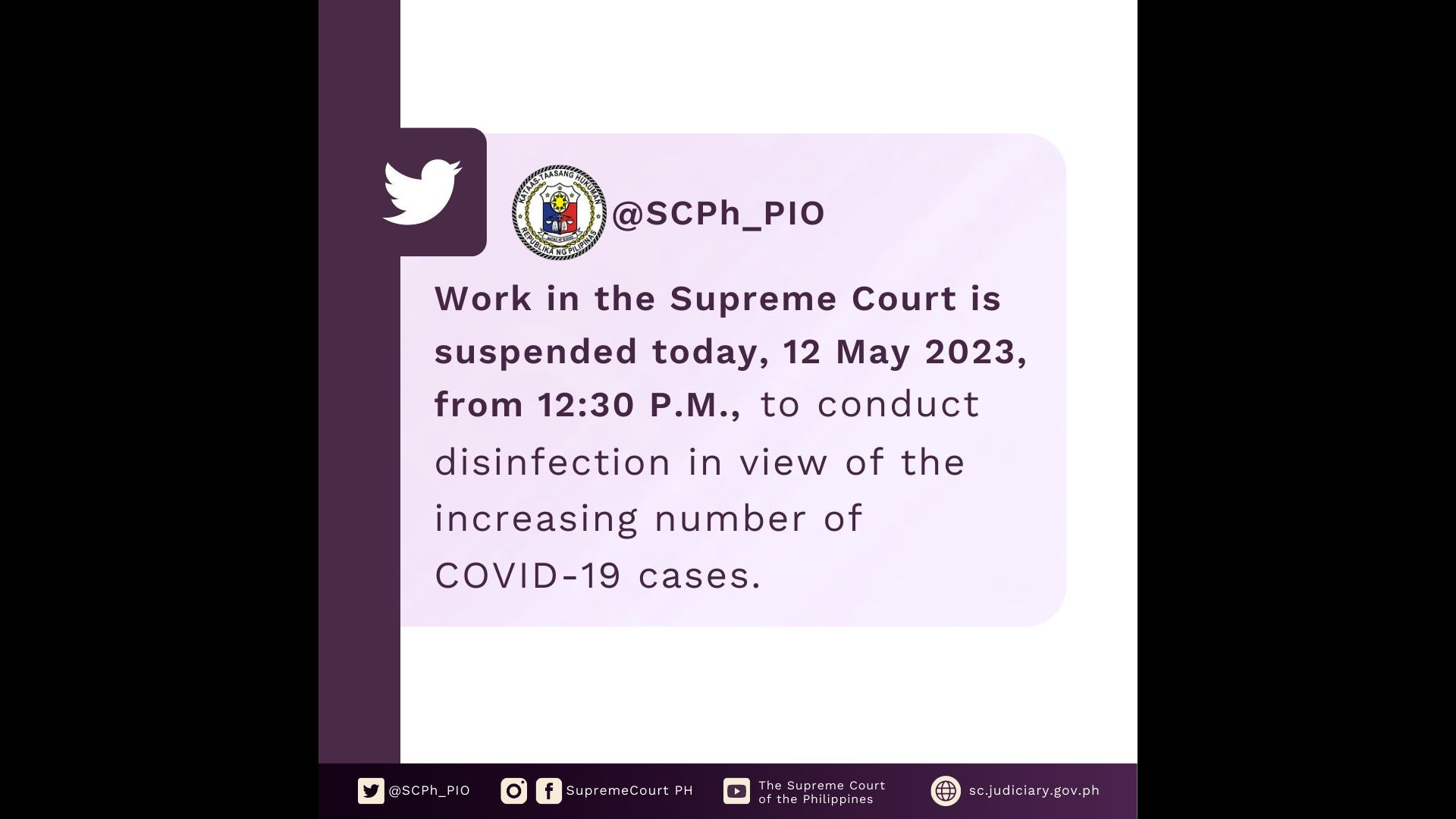 Pasok sa SC sinuspinde para makapagsagawa ng disinfection dahil sa tumataas na kaso ng COVID-19