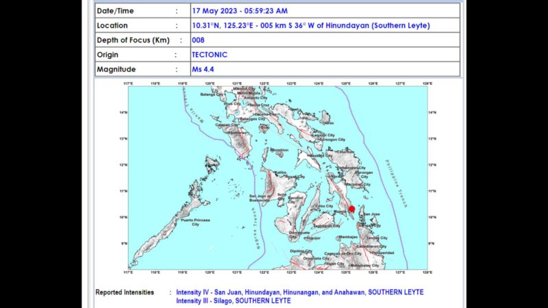 Hinundayan, Southern Leyte niyanig ng magnitude 4.4 na lindol