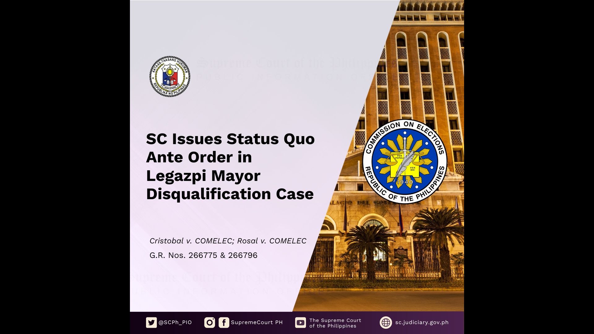Korte Supreme nagpalabas ng Status Quo Ante sa disqualification case ni Legazpi City Mayor Gie Rosal