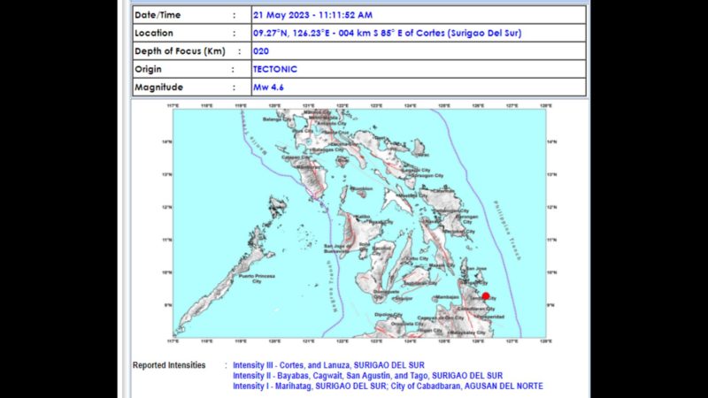 Cortes, Surigao del Sur niyanig ng magnitude 4.6 na lindol