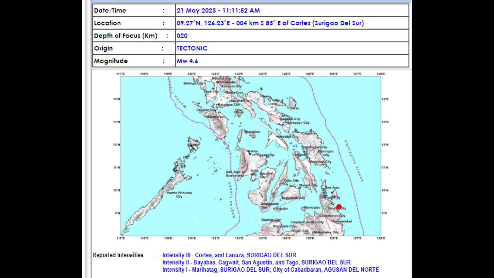 Cortes, Surigao del Sur niyanig ng magnitude 4.6 na lindol