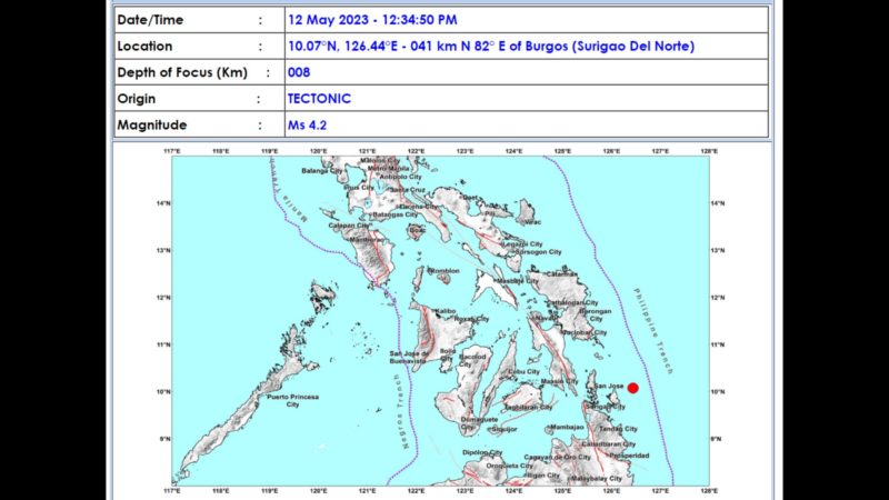 Burgos, Surigao del Norte niyanig ng magnitude 4.2 na lindol