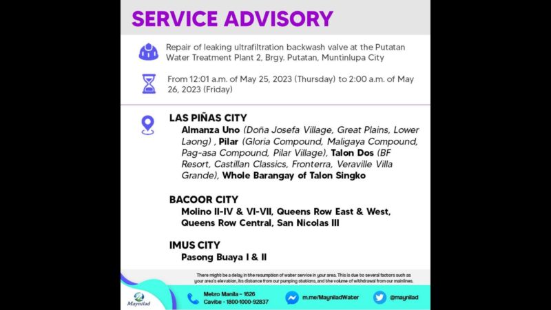 Maynilad may ipatutupad na service interruption sa May 24 at May 26