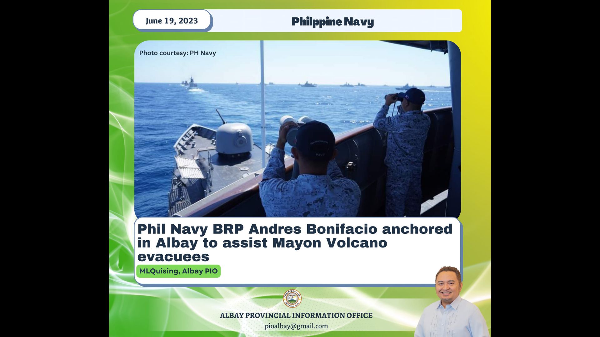 BRP Andres Bonifacio nasa Albay para magkaloob ng malinis na tubig sa mga apektadong residente