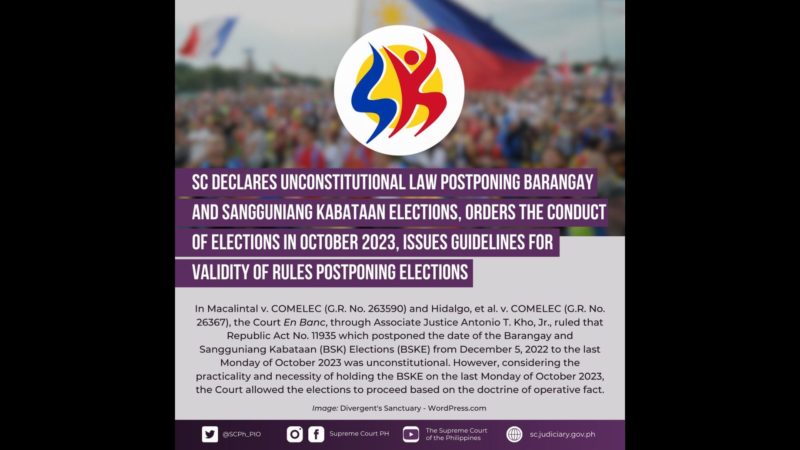 Pagpapaliban sa Barangay at SK Elections idineklarang unconstitutional ng Korte Suprema