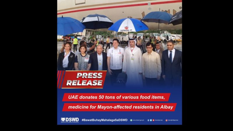 UAE govt. nagbigay ng 50 tonelada ng food items at mga gamot para sa mga pamilyang apektado ng pag-aalburuto ng bulkang Mayon