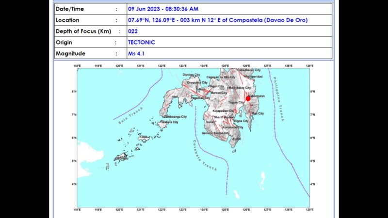 Davao de Oro niyanig ng magnitude 4.1 na lindol