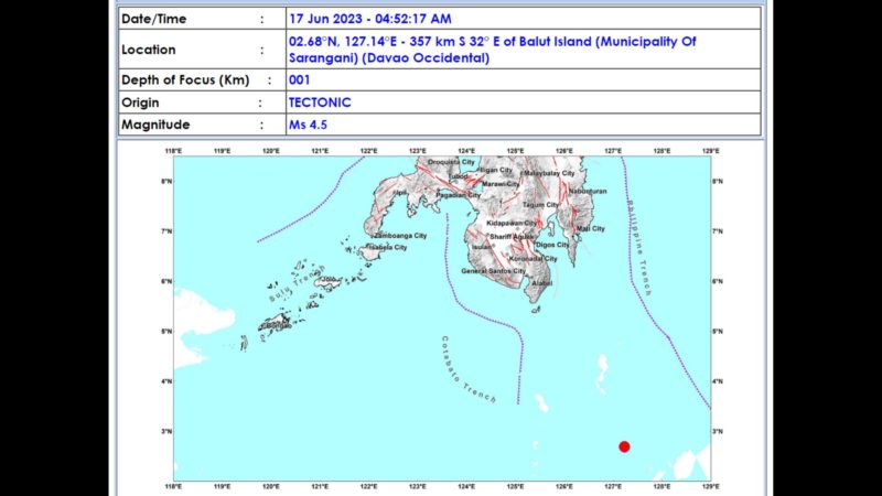 Davao Occidental niyanig ng magnitude 4.5 na lindol