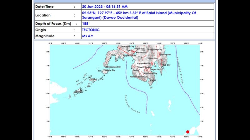 Balut Island sa Davao Occidental niyanig ng magnitude 4.9 na lindol