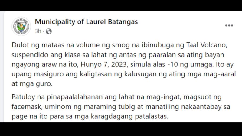 Klase sa ilang bayan sa Batangas suspendido dahil sa aktibidad ng Bulkang Taal