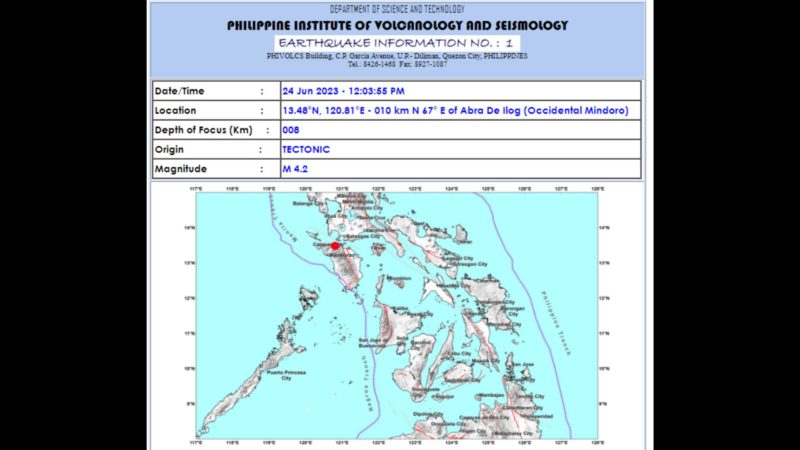 Abra de Ilog, Occidental Mindoro niyanig ng magnitude 4.2 na lindol