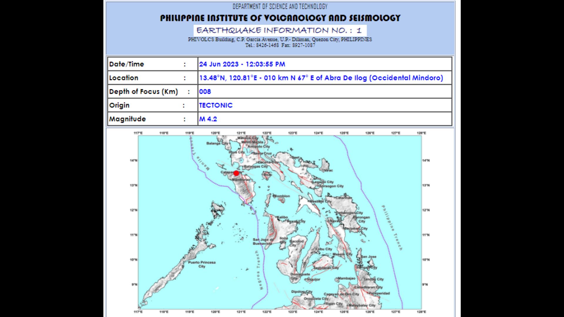 Abra de Ilog, Occidental Mindoro niyanig ng magnitude 4.2 na lindol