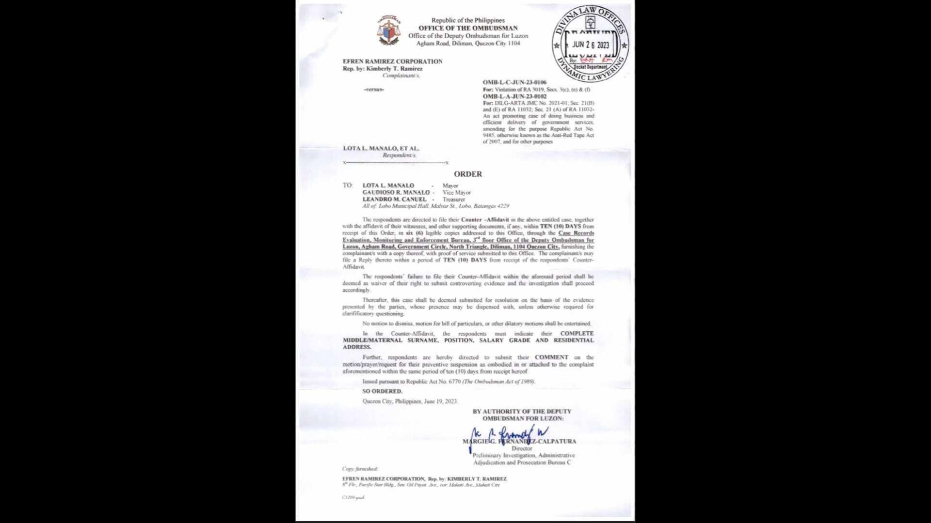 Mag-asawang mayor at vice mayor ng Lobo, Batangas pinasasagot ng Ombudsman sa reklamong graft