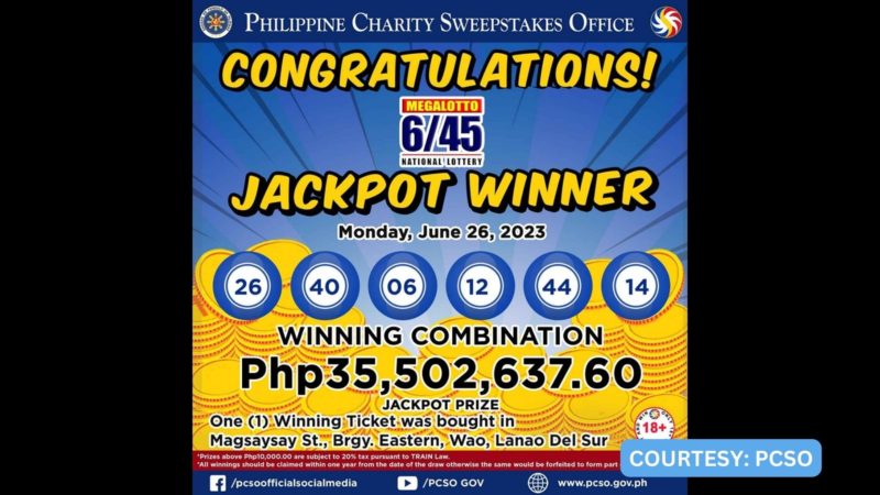 Lotto bettor mula Lanao del Sur wagi ng P35M na jackpot prize sa 6/45