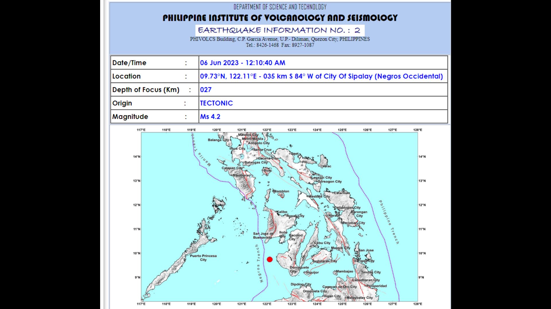 Negros Occidental niyanig ng magnitude 4.2 na lindol