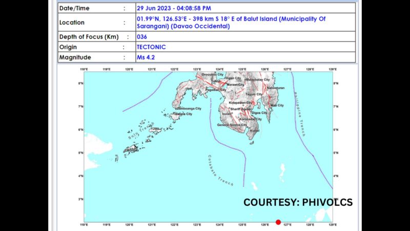 Sarangani, Davao Occidental niyanig ng magnitude 4.2 na lindol