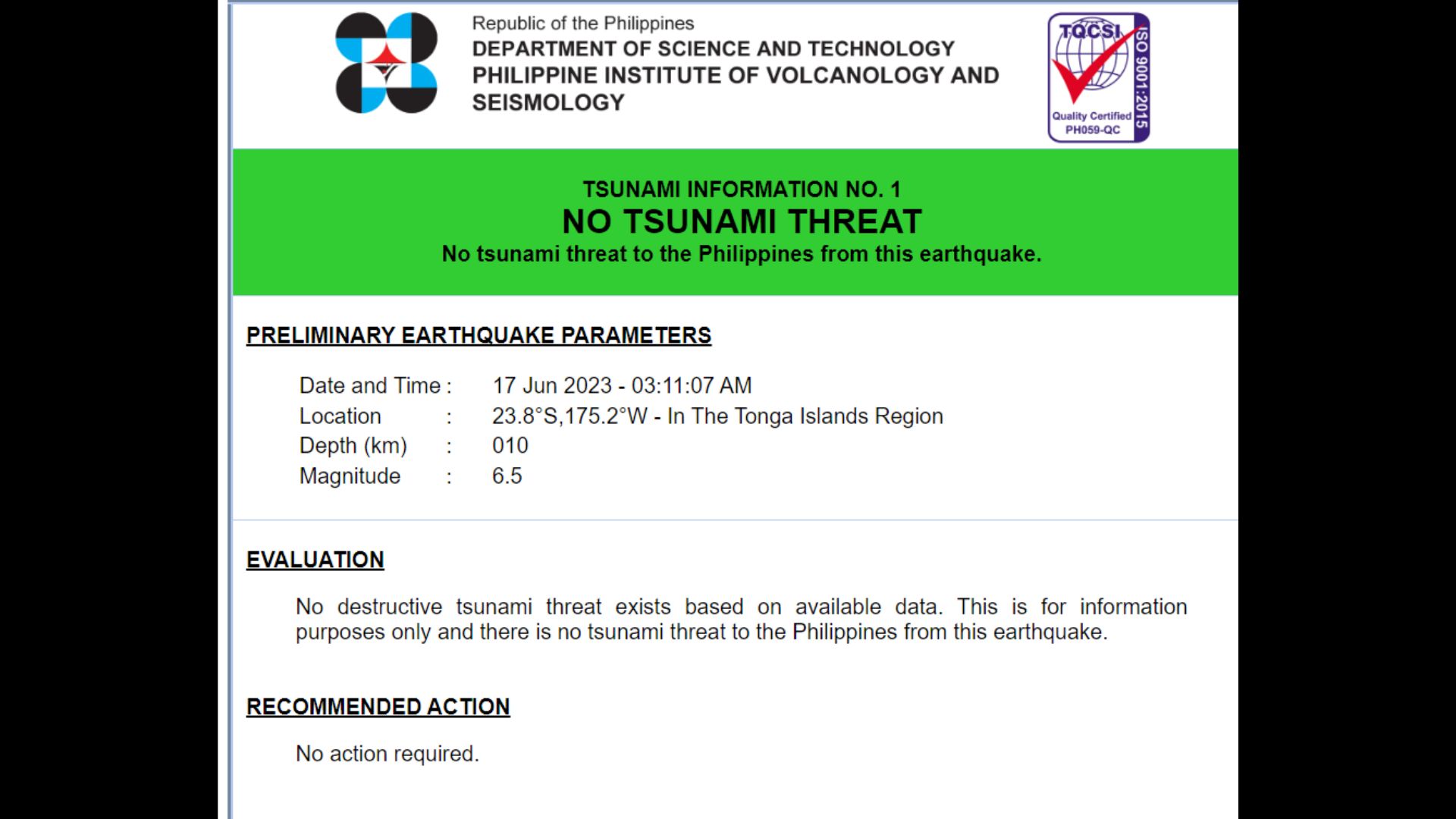 Phivolcs pinawi ang pangamba ng tsunami matapos ang tumamang magnitude 6.5 na lindol sa Tonga