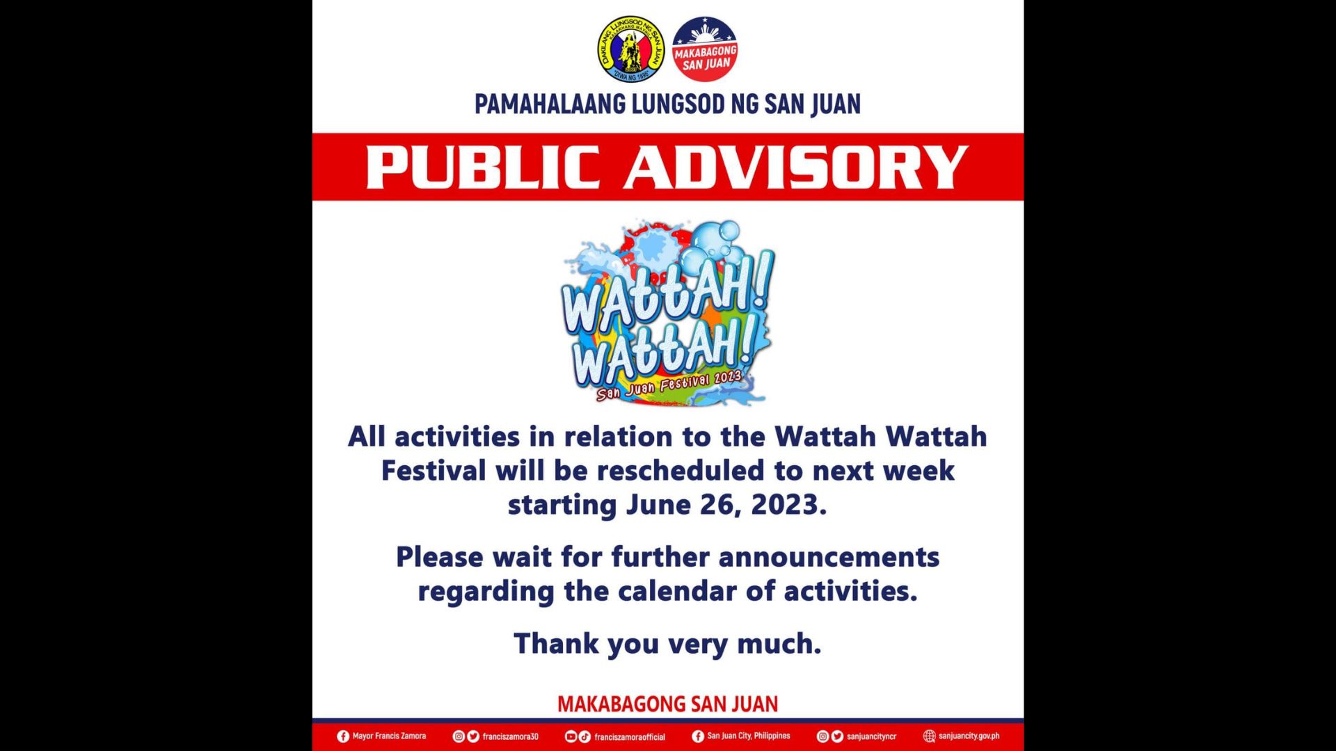 Mga aktibidad para sa Wattah Wattah Festival sa San Juan ipinagpaliban muna