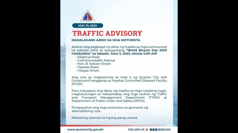 TRAFFIC ADVISORY: Ilang lansangan sa QC makararanas ng pagbagal ng daloy ng traffic sa Sabado