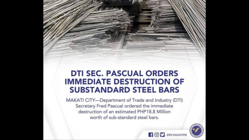 Pagsira sa P18.8M na halaga ng sub-standard steel bars sa Laguna, ipinag-utos ng DTI