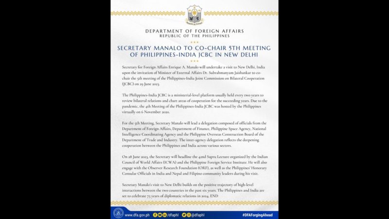 Secretary Manalo magtutungo sa India para magsilbing co-chair sa idaraos na 5th meeting ng Philippines-India Joint Commission on Bilateral Cooperation