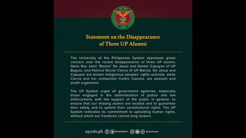 UP nanawagan sa pamahalaan na tiyakin ang kaligtasan ng 3 nawawalang UP Alumni