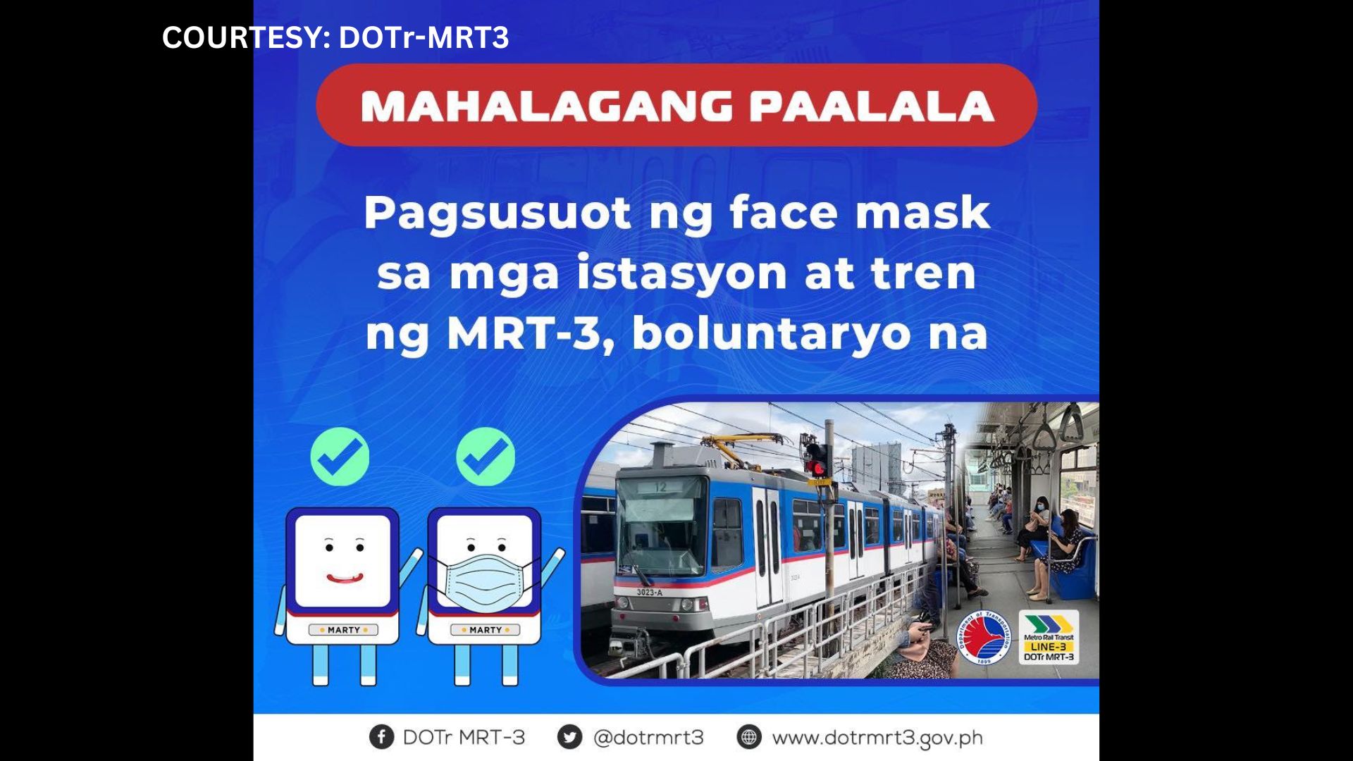 Face mask sa MRT-3 boluntaryo na lang; mga pasahero pinapayagan ng makipag-usap habang nasa loob ng tren