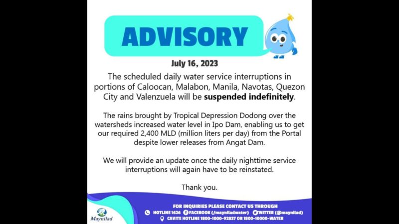 Ipinatutupad na daily water service interruptions sa Metro Manila, sinuspinde ng Maynilad