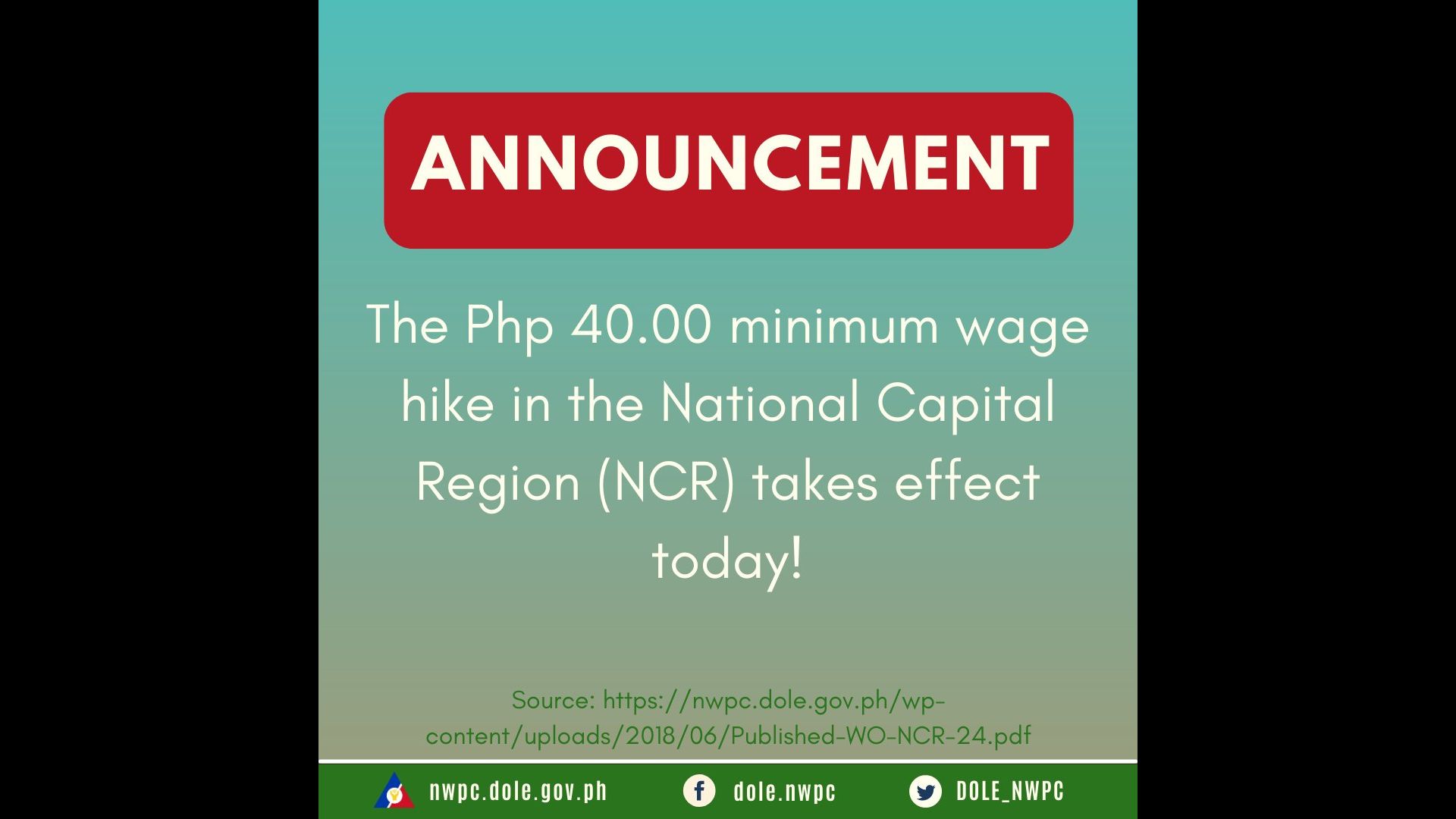 Dagdag na P40 sa minimum wage sa NCR epektibo na