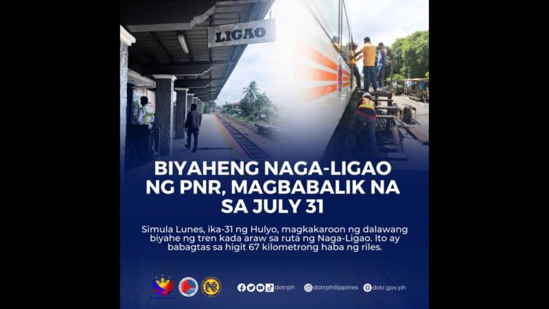Biyahe Naga-Ligao muling bubuksan ng PNR