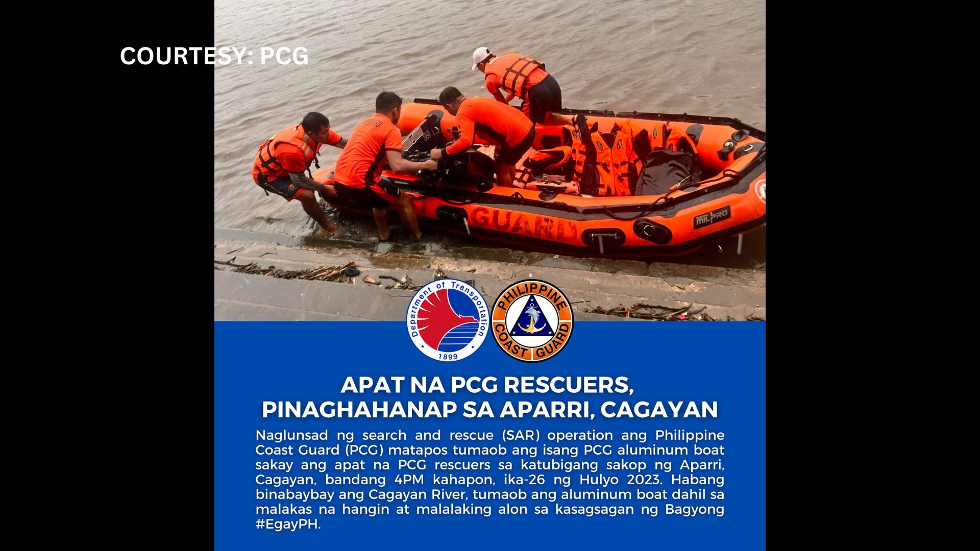 4 na Coast Guard rescuers pinaghahanap sa Aparri, Cagayan