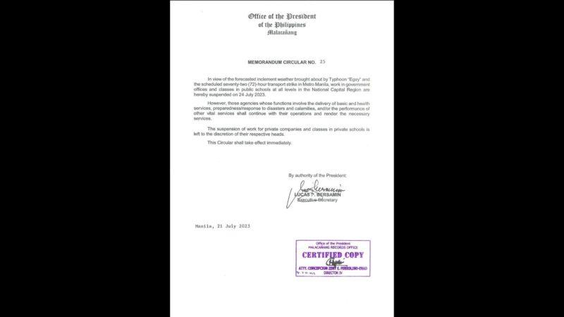 Pasok sa public school at trabaho sa gobyerno sa Metro Manila suspendido sa Lunes (July 24)
