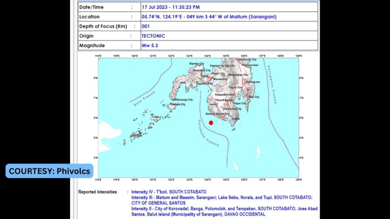 Magnitude 5.3 na lindol tumama sa Maitum, Sarangani