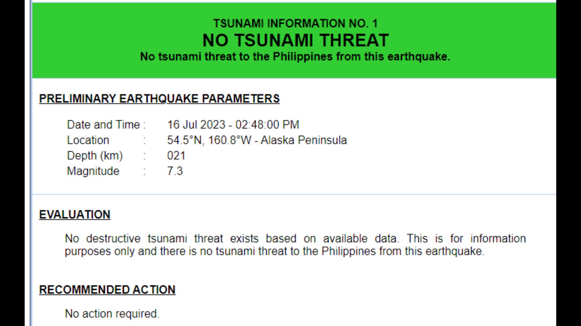 Pangamba ng tsunami pinawi gn Phivolcs matapos ang magnitude 7.3 na lindol na tumama sa Alaska Peninsula