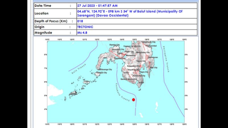 Sarangani, Davao Occidental niyanig ng magnitude 4.8 na lindol