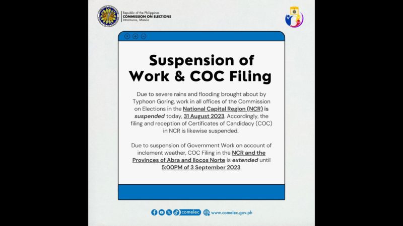 COC filing sa Metro Manila, suspendido ngayong araw (Aug. 31) dahil sa sama ng panahon