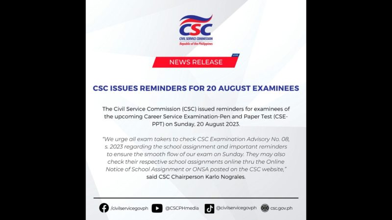 Mahigit 370,000 kukuha ng Civil Service Exams sa Aug. 20; pagsusuot ng face mask, optional na lang ayon sa CSC