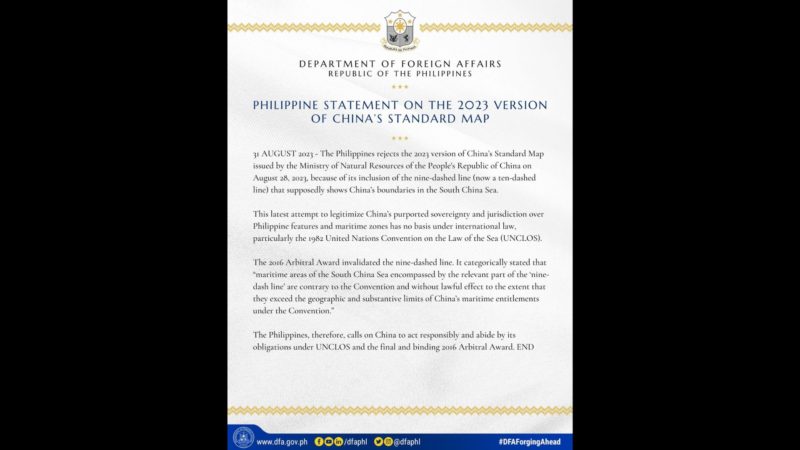 Bagong 10-dashed line ng China na sumasakop na sa buong South China Sea kinondena ng DFA