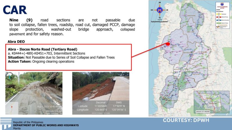 16 na road sections sa CAR, Regions 1 at 3 hindi pa rin madaanan dahil sa pinsala ng bagyong Egay at Habagat