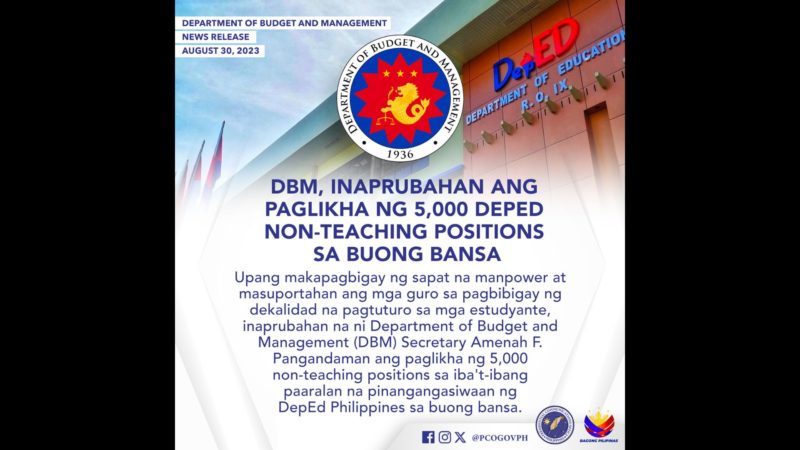 Paglikha ng 5,000 non-teaching positions sa DepEd, inaprubahan ng DBM
