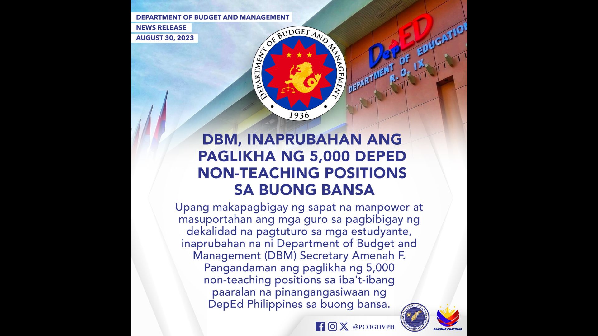Paglikha ng 5,000 non-teaching positions sa DepEd, inaprubahan ng DBM