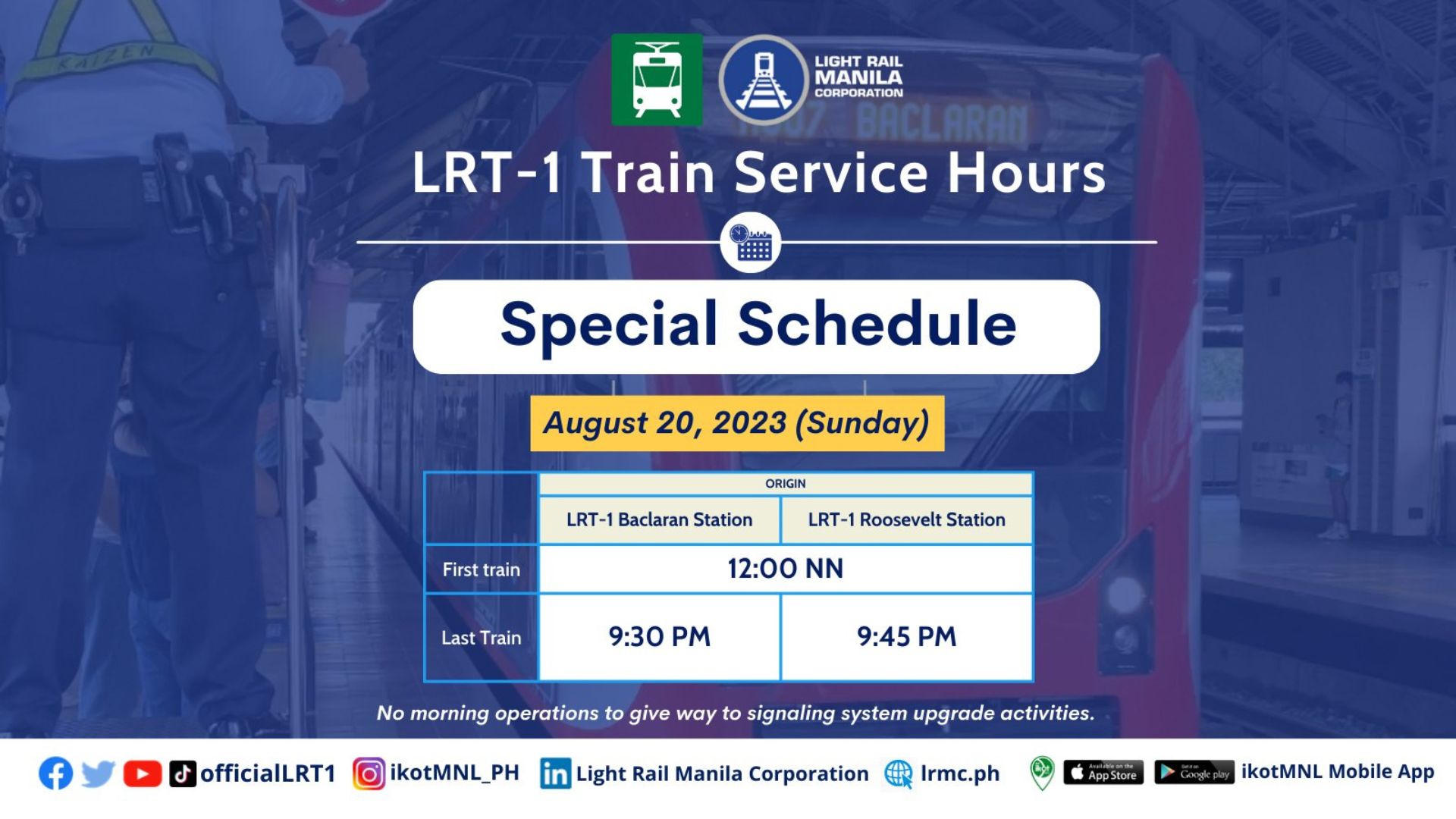 LRT-1 magpapatupad ng half-day operations sa Aug. 20