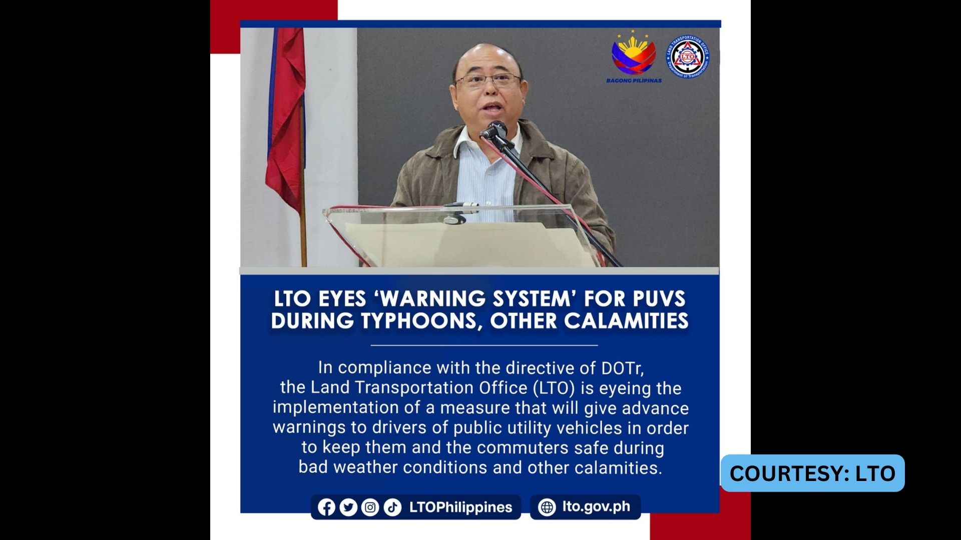 “Warning system” sa mga PUVs kapag may bagyo pinag-aaralan ng LTO