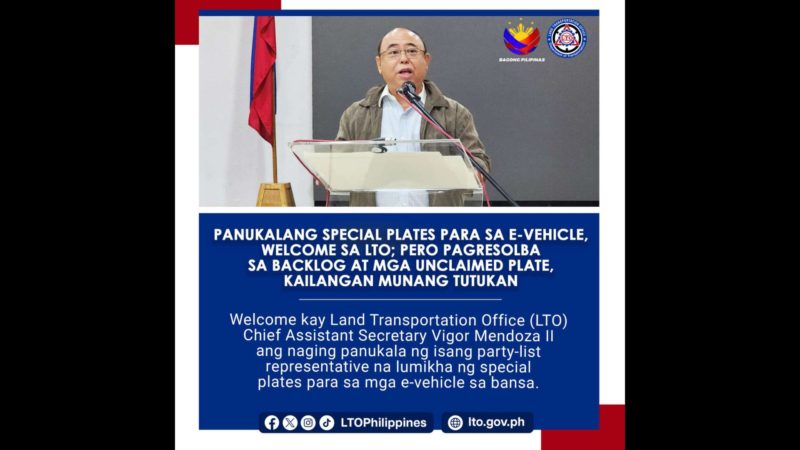 LTO chief Mendoza pabor sa special plates para sa e-vehicles