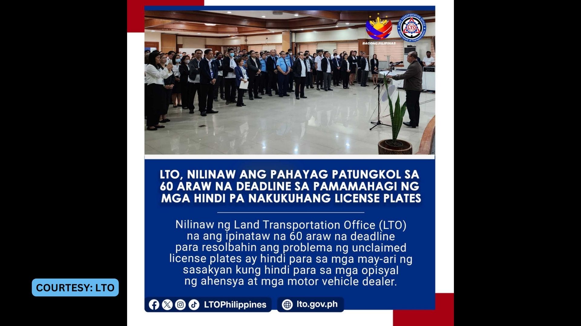 Deadline na 60-araw para sa unclaimed license plates, hindi para sa mga motorista ayon sa LTO