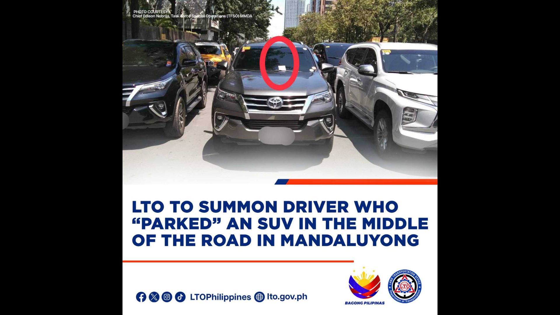 Driver ng SUV na iniwan sa gitna ng kalsada sa Mandaluyong City ipatatawag ng LTO