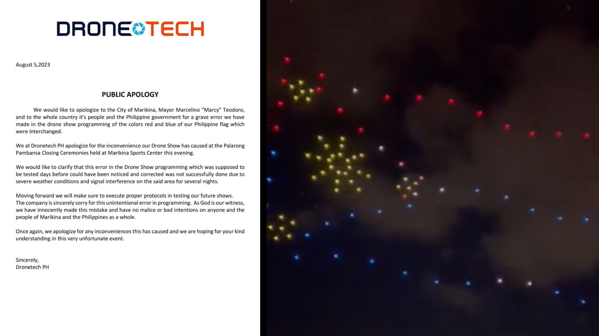 Dronetech PH nag-sorry sa baligtad na watawat ng Pilipinas sa drone show sa Palarong Pambansa