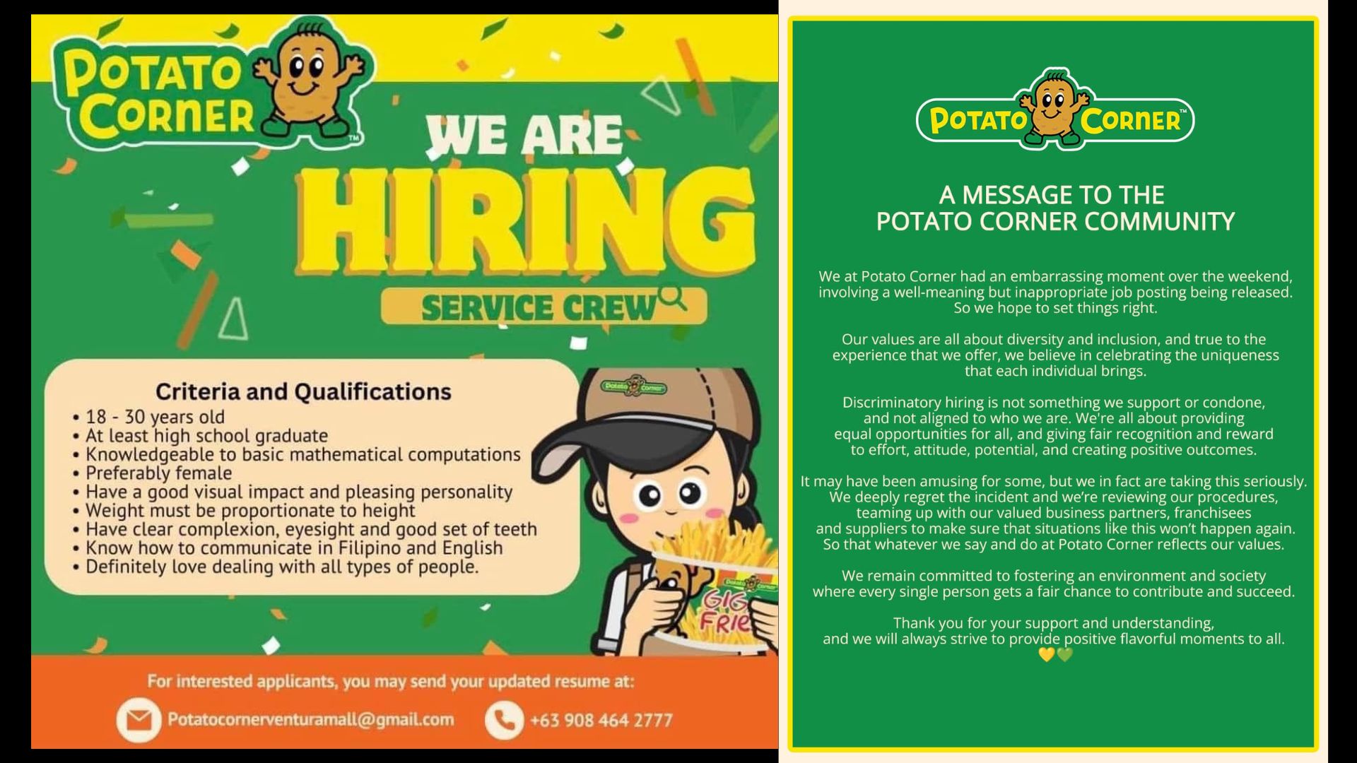 Potato corner nag-sorry sa viral na ‘discriminatory’ job posting