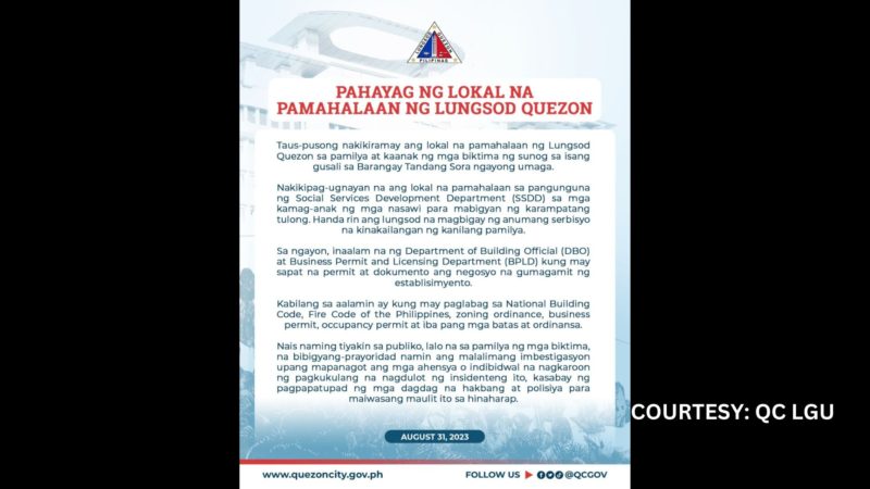 QC LGU magsasagawa ng imbestigasyon sa sunog na naganap sa isang bahay sa Tandang Sora na ikinasawi ng 15 katao